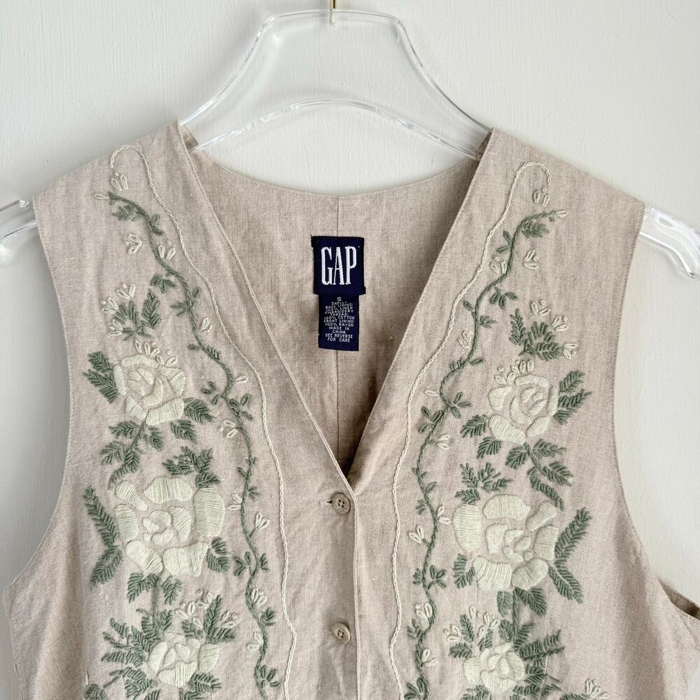 GAP Cottagecore Vest Linen Embroidered Vintage Khaki Cream Green Floral Sz Small